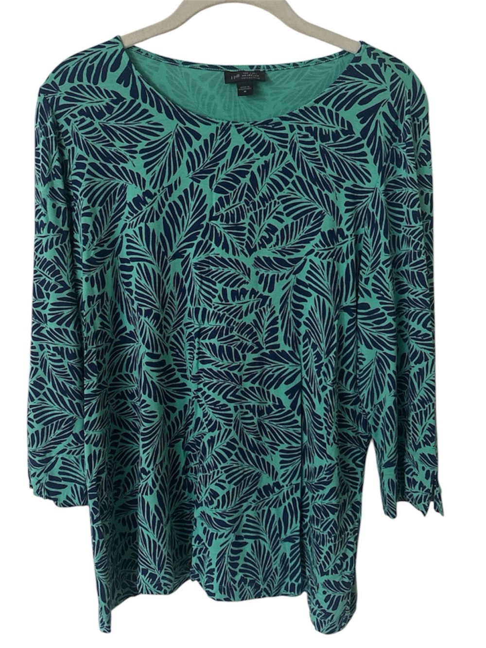 Leaf Print Teal and Navy Long Sleeve Top